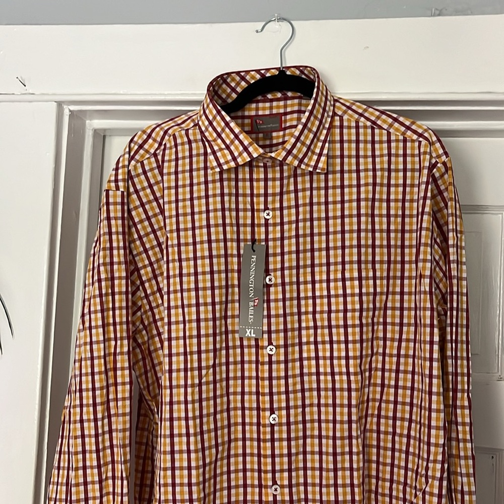 Pennington & Bailes Mens Shirt XL Long Sleeves Button Down Maroon Gold White NWT